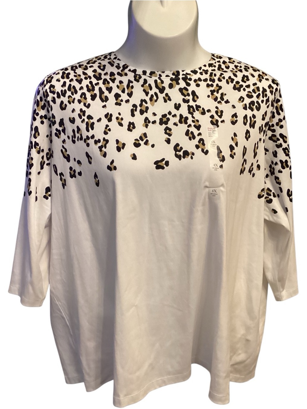 Kim Rogers Plus Size 4X White & Black Leopard Print Scoop Neck Top 100% Cotton - Picture 5 of 9